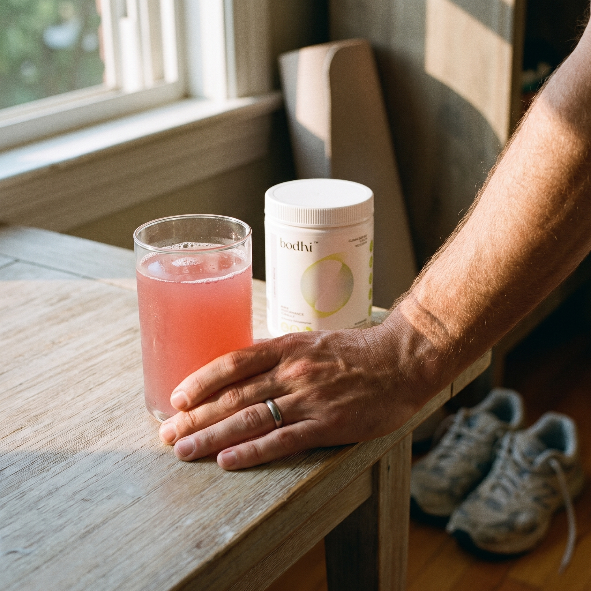 A hand holding a glass of bodhi