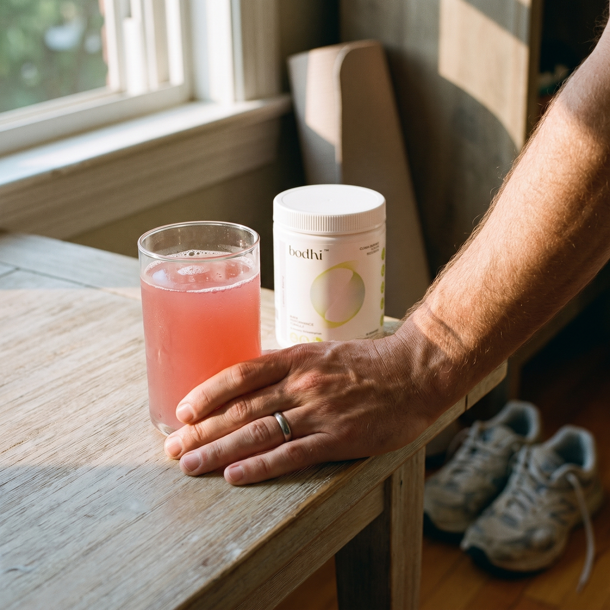 Hand holding a bodhi drink with the jar on the table