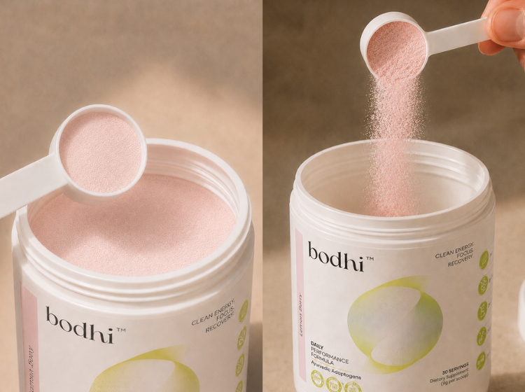 A scoop of bodhi Lemon Berry powder